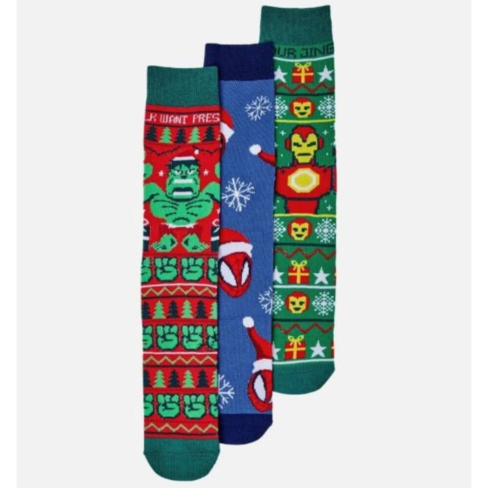 Bioworld Adult/Teen 3 Pair Crew Socks Marvel Avengers Christmas Xmas Holiday Set